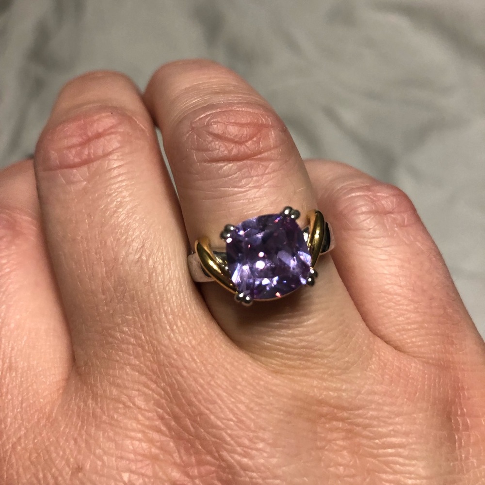 Purple stone gem silver and gold tone ring